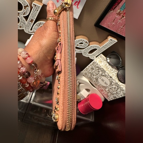 Miu Miu Pink Leather Studded Bow Crystal Embellished Zip Around Wallet - Picture 4 of 15